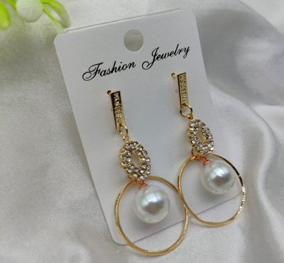 Imported Elegant Pearl Hoop Earrings With Dazzling Crystal